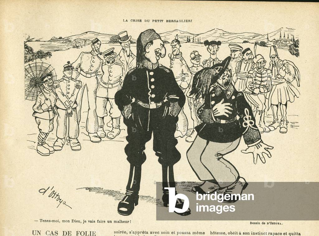 Illustration by Georges of Ostoya-Sochinsky called D'Ostoya (1878-1937) in Le Rire, 29/06/12 - The crisis of the little bersaglieri - Italy, War of 14-18 First fruits