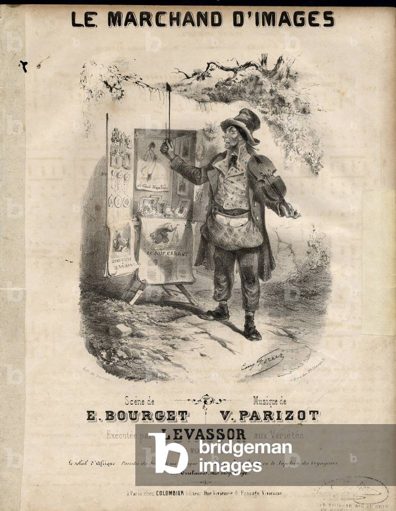 Illustration of Eugene-Hippolyte Forest (1808-1891) in “” Song illustree””, ca. 1840 - The image merchant - Violin, Shops - Napoleon I, Camelot Vendor Travelling, Wandering Jew