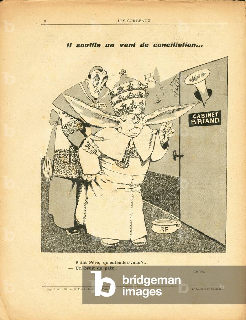 Les Corbeaux (Paris), number 102, Satirique en N & B, 1907_3_10: It blows a wind of concilisation... - Anticlericalism - Inventaires/Reactions aux, Failure of the Church - Briand Aristide, Pius X, Ane, Merry Del Val, Cardinaux, Popes