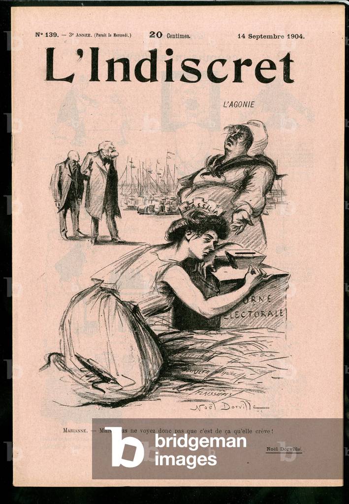 Cover of “” L'Indiscret””, Satirique en N & B, 1904_9_14: Elections, Paris - Combes Emile (1835-1921), Marianne Illustration by Noel Dorville (1861-1938)