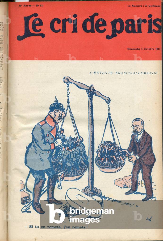 Cover of “” Le Cri de Paris””, 1913_10_5 - Illustration by Marcel Noblet dit Nob (1880-1935): The Franco-German Entente - War, Germany Prussia, Armee, War of 14-18 first mices, Conscription - William II, Jean Louis Barthou (Jean-Louis) (1862-1934)