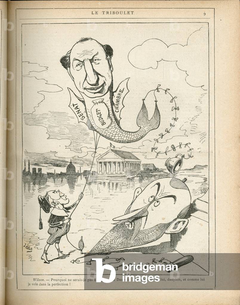 Le Triboulet, 1887_3_6 - Illustration by Pierre-Albert Douat BlassJ. (1847-1892): Budget Finances, President of the Republic, Chamber of Deputes Hemicycle National Assembly, Senat, Kite - Grevy Jules (1807-1891), Wilson Daniel (1840-1919) - Reification, Infantilisation