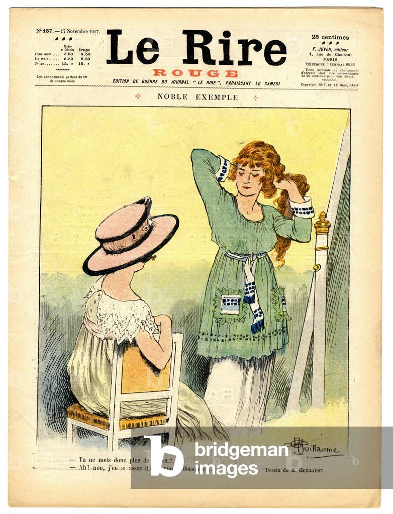 Cover of “” The Red Laughter””, Satirical in Colors, 1917_11_17: War of 14 -18: noble example “” So you no longer wear a corset? - Yeah? No, I'm tired of being an ambush.” - Fashion, Ambushes - Illustration by Albert Guillaume (1873-1942)