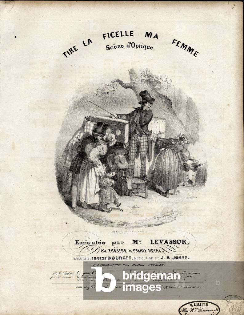 Illustration of Eugene-Hippolyte Forest (1808-1891) in “” Song illustree””, circa 1840 - Pulls the string my wife Optical Scene - Diorama