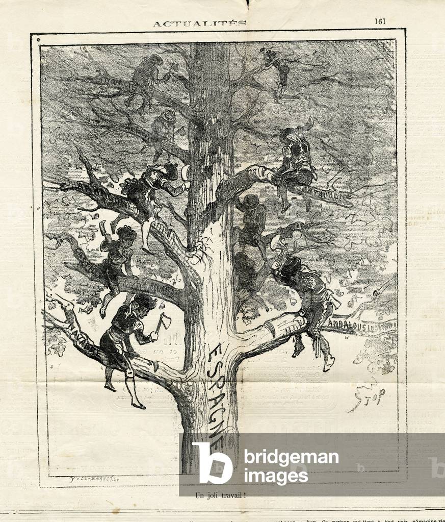 Illustration of Stop (1825-1899) in The Charivari, 1873-7-19 - A nice work - Spain, Tree, Regionalism, Catalonia, Andalusia, Navarra