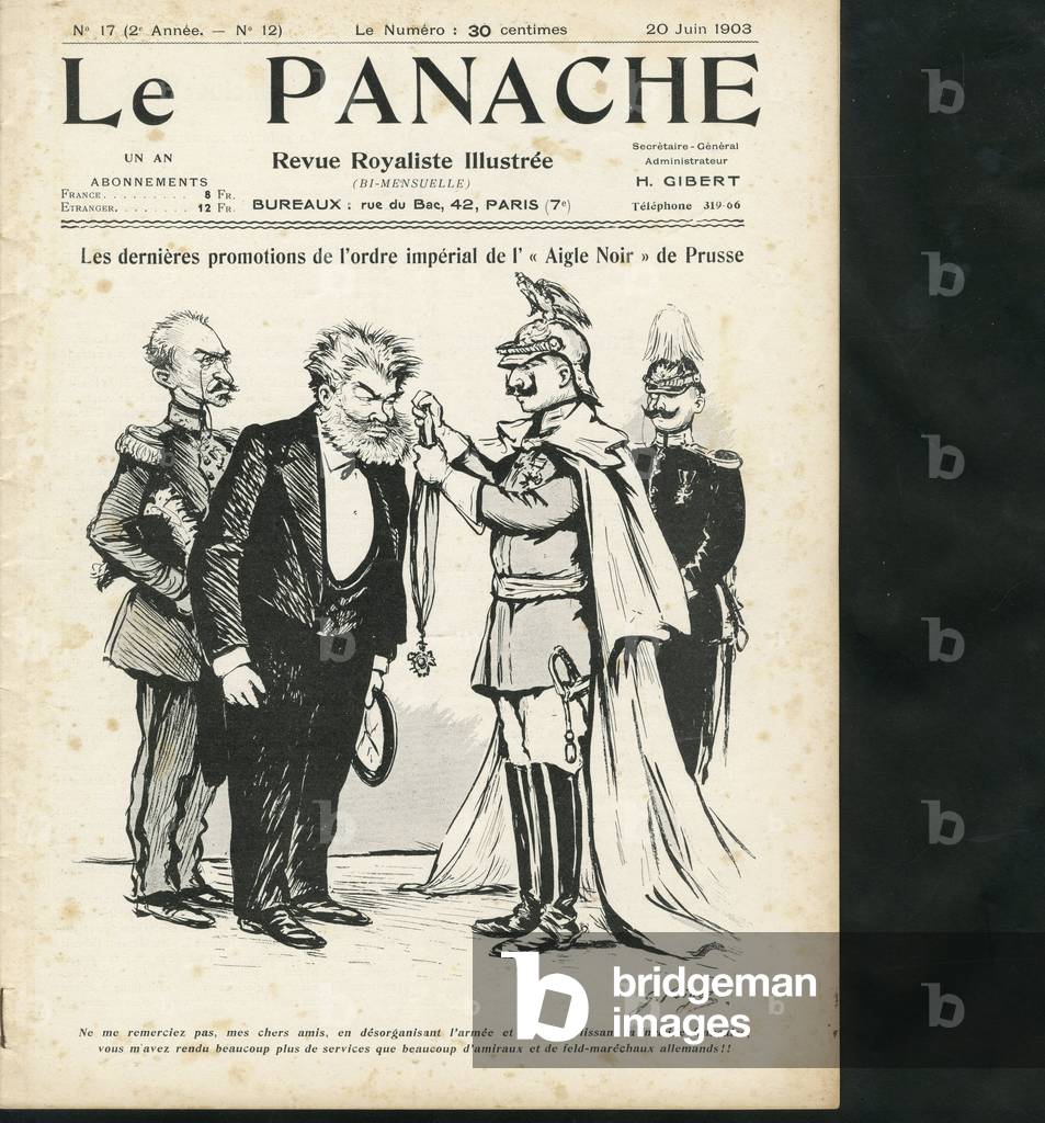 Illustration by Georges Bigot (1860-1927) for the Cover of Le Panache, royalist magazine illustree, No. 12, 1903-6-20 - Germany Prussia, Royalism, Patriotism - William II, Andre Louis, Pelletan Camille