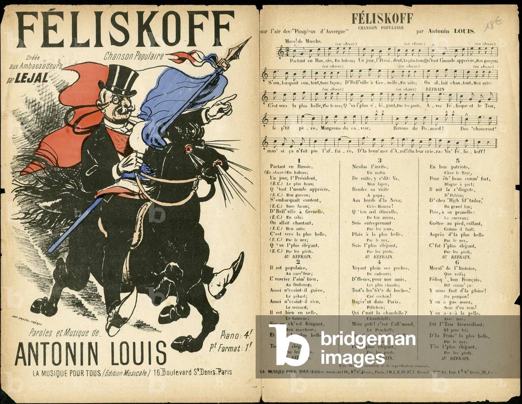 Song illustree, Satirique en Couleurs, 1897: Feliskoff - Alliance Franco-Russe, President of the Republic, Flag tricolor - Faure Felix, Horse Horses