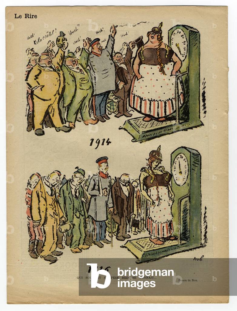 Red Laughter, Satirical in Colours, 1916_10_28: War of 14 -18: “” Who often wears, well knows each other”” - Germany Prussia, Belligerants and Symbols, Restrictions Rationoning - Germania - Illustration by Marcel Noblet (Nob) (1880-1935)