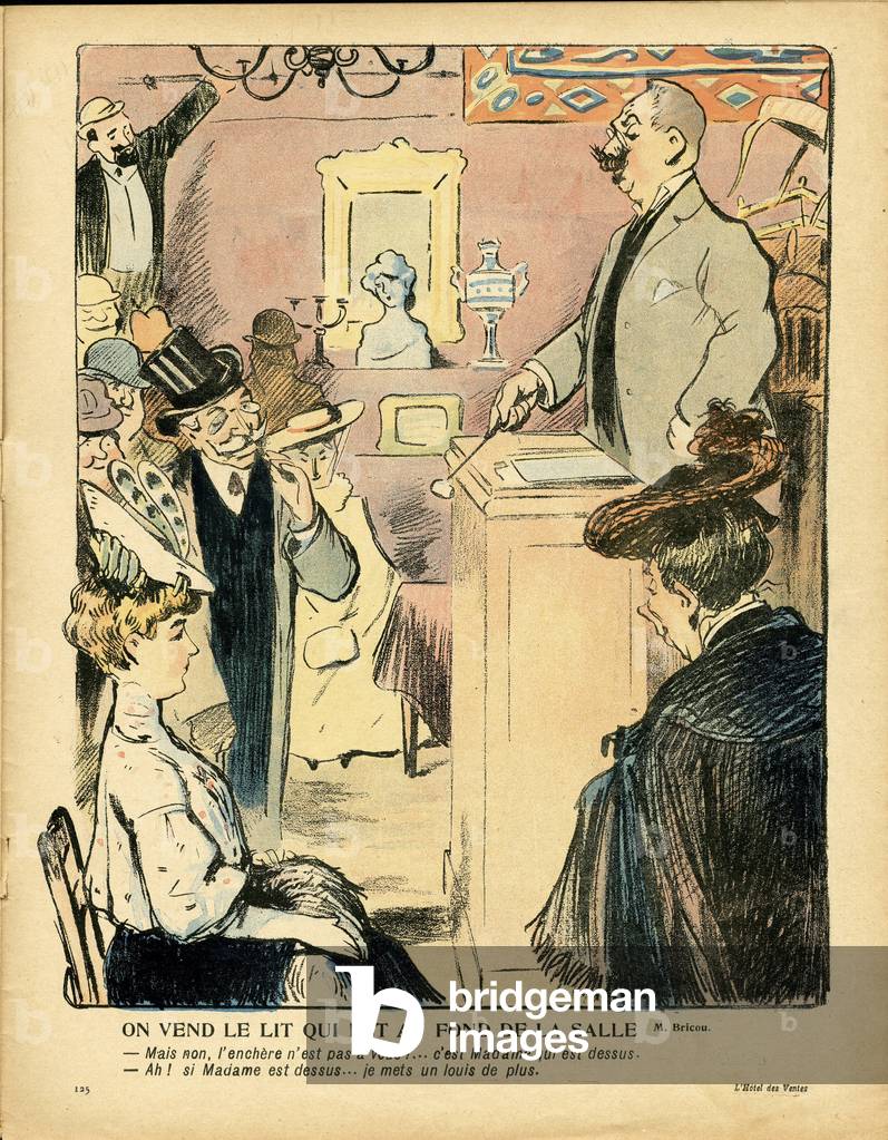 L'Assiette au Beurre, number 215, Satirique en couleurs, 1905_5_13: Art, Vie des riches, Hotel des ventes (lithograph)