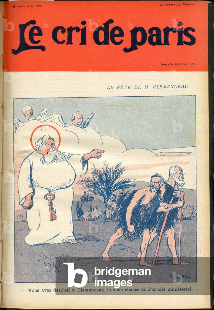 Cover of “” The Cree of Paris””, 1912_7_28 - Illustration by Ricardo Flores (1878-1918): The dream of Mr. Clemenceau - President of the Republic, Government - Paradis - Clemenceau George, God, Fallieres Armand (1841-1931) - Religious metaphore