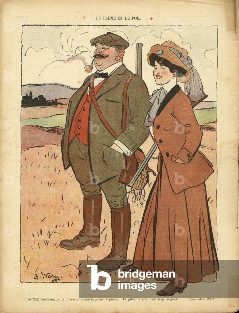 Illustration by Andre Wely (1873-1910) in Le Lire, 23/01/09 - The pen and the hair - Countryside, Hunting, Smoking, Tobacco - Women