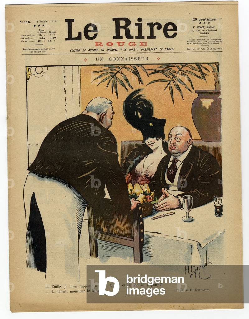 Cover of “” Le Lire rouge””, Satirique en Couleurs, 1917_2_3: A connoisseur - War of 14 -18, Restaurant Cafes, Gastronomy - Garcon de cafe - Illustration by H. Gerbault (1863-1930)
