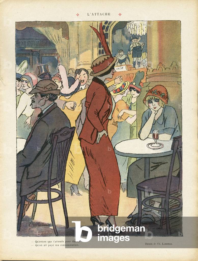 Illustrazione di Chas-Laborde (1886-1941) in Le Rire, 17/05/13 - L'attaccamento - Amore, moda, cappello, danza