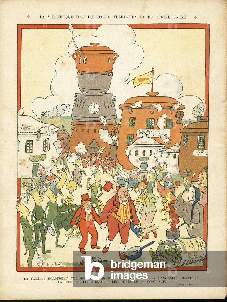 Illustration of George Delaw (1871-1938) in Le Rire, 12/06/09 - La vieille quarrel du régime vegetarian et du régime carne - England Great Britain, Vegetarian, Vegetarianism, Gastronomy cuisine