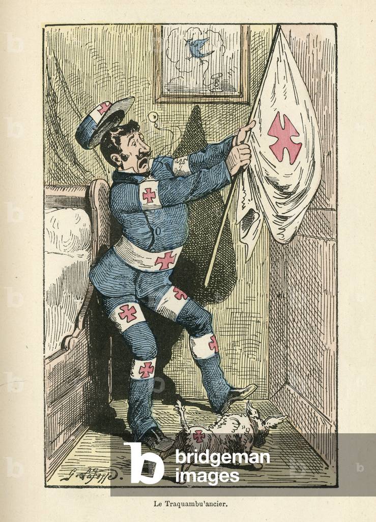 Illustration of G Lafosse (1840-1880) in Histoire tintamarresque illustree de Napoleon III, ca. 1872 - Medical, Siege de Paris - Chien, Ambulancier