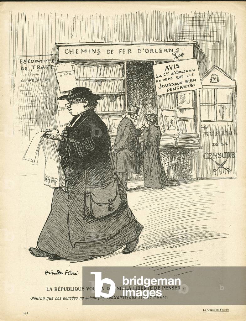 L'Assiette au Beurre, number 319, Satirique en couleurs, 1907_5_11: Censorship, Press/Media, Religion, Train, Newspaper kiosks, Freedom of opinion - Cures