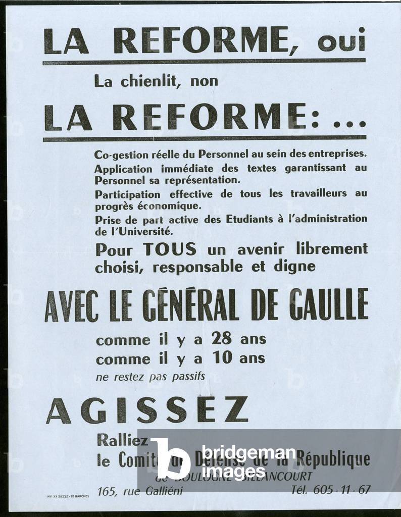 Tract, Satirique en Couleurs, 1968: La Reforme, yes La chienlit, no Comite de Defense de la Republique CDR - May 68, President of the Republic, CDR - De Gaulle Charles