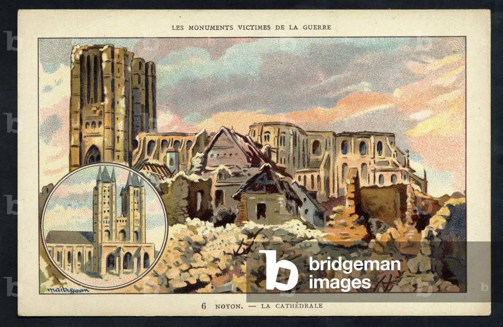Postcard, in Colors, circa 1923: Noyon The cathedrale - War of 14 -18, Destruction buildings, Noyon