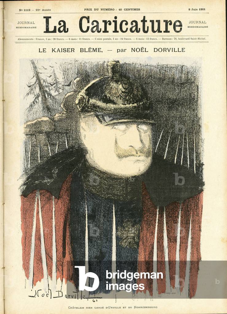 Illustration of Noel Dorville (1861-1938) for the Cover of La Caricature (1880), 1901-6-8 - Le kaiser bleme - Germany Prussia, Alliance Franco-Russe, Diplomacy - William II