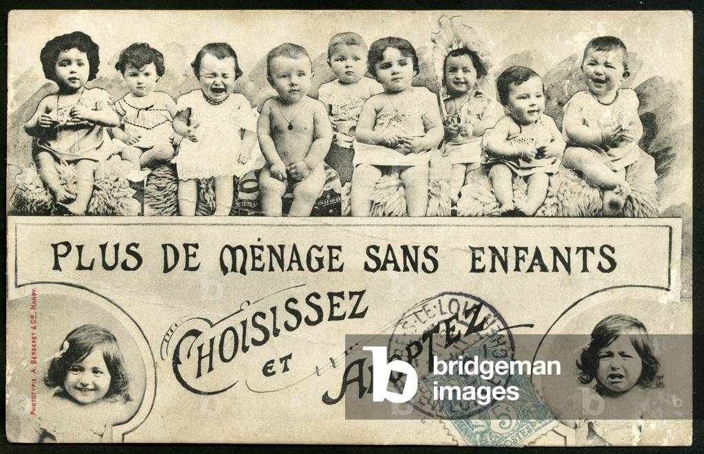 Postcard, Satirical in N & B: Childhood, Natality, Adoption