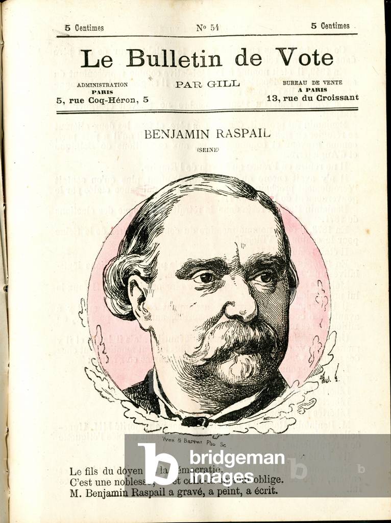 Cover of “” Le Bulletin de vote””, Satirique en Couleurs, 1877: Raspail Benjamin - Illustration by Louis Alexandre Gosset de Guines (Gill) (1840-1885)