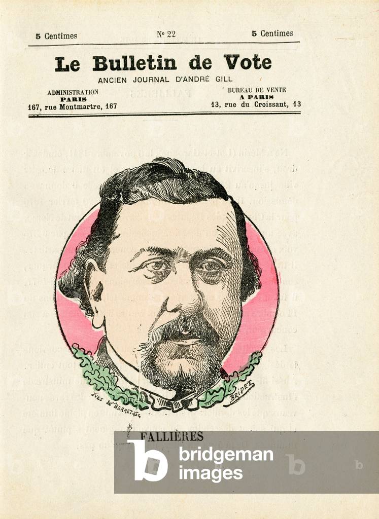 Ballot paper 2nd series, number 22, Satirique en Couleurs, 1885: President of the Republic - Fallieres Armand - Illustration by BRIDET (1859-1886)