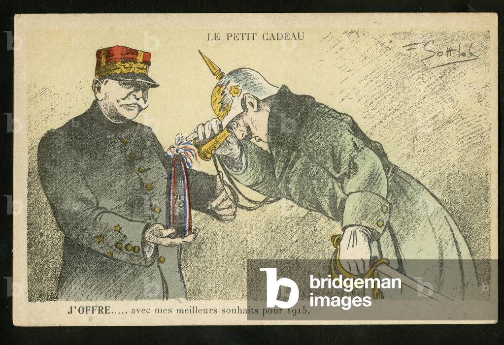 Satirical Postcard:, ca. 1914_12: A small gift I offer with my best wishes for 1915 - War of 14 -18, Canons, shells - William II, Joffre Illustration by Gottlob (1873-1935)