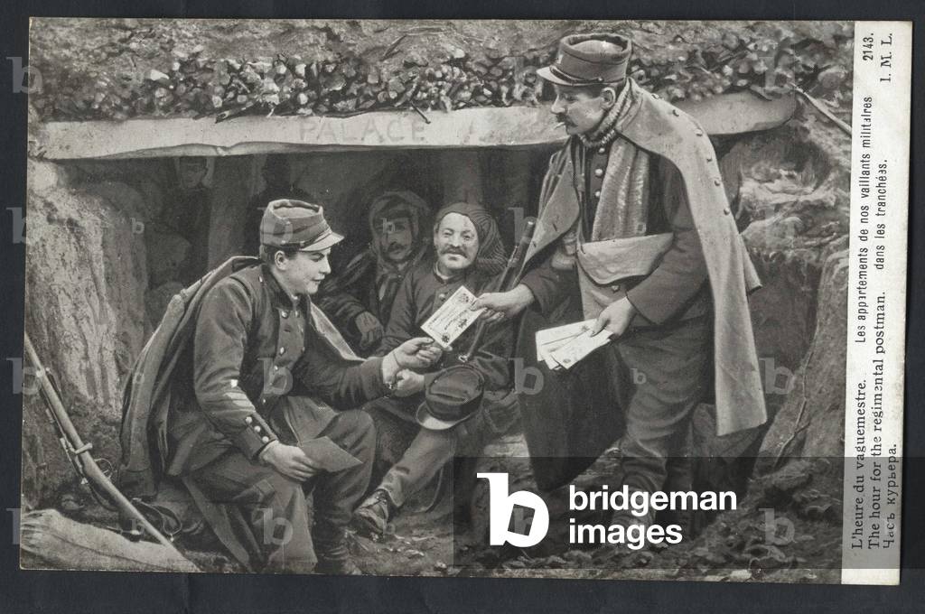 Postcard, Satirical in N & B: Wave Time - War of 14 -18, Trains, Postal Mail, English Language, Slavic Languages - Soldiers, Wage