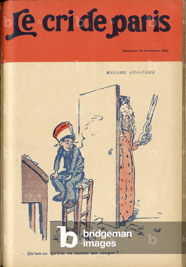 Illustration of Marcel Noblet dit Nob (1880-1935) for the Cover of Le Cri de Paris, 29/11/14 - Madame anastasie “” What will she still cut me? “” - War of 14 -18, Censorship - Anastasia - Scissors