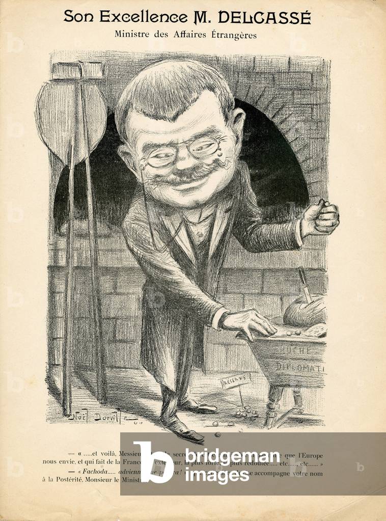 flying leaf, 1900 - Illustration by Noel Dorville (1861-1938): Bread, Foreign Affairs, Bread oven - Delcasse Theophile, Baker (mtron)