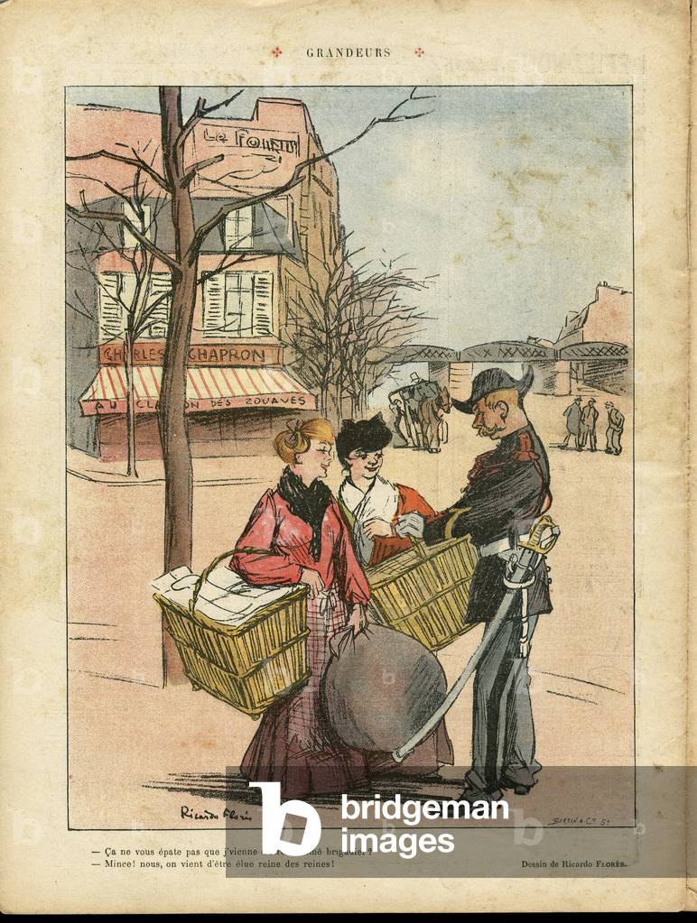 Illustration by Ricardo Flores (1878-1918) in Le Rire, 29/02/08 - Grandeurs - Paris, Metiers, Architecture Urbanisme, Amour, Shops, Metro - Lavandieres Blanchisseuses