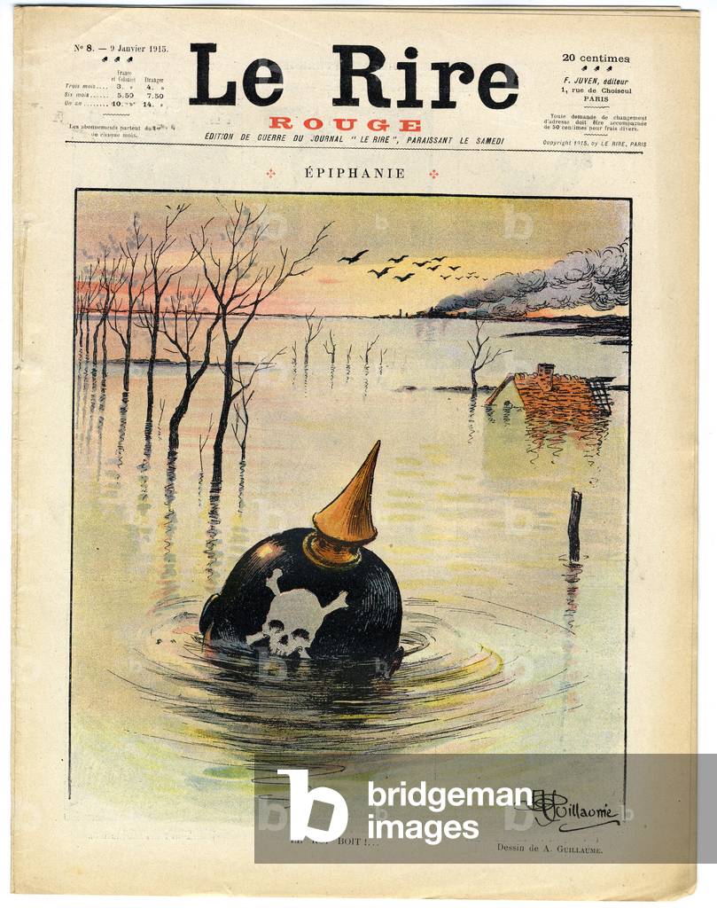Cover of “” The Red Laughter””, Satirical in Colors, 1915_1_9: War of 14 -18, Germany Prussia, Helmet with Pointed, Belligerants and Symbols, Innondation - Illustration by Albert Guillaume (1873-1942)