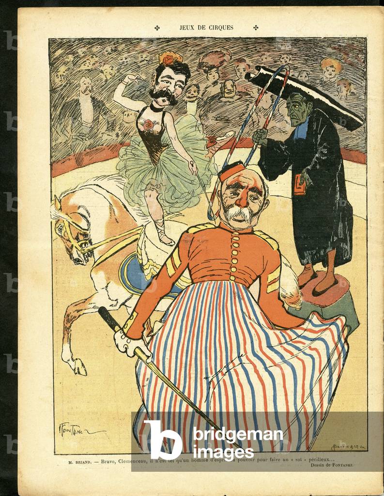 The Laughter, Satirical in Colours, 1907_2_16: Circus Games - Clemenceau George, Briand Aristide, Jesuites - Illustration by Jules Fontanez (1875-1918)