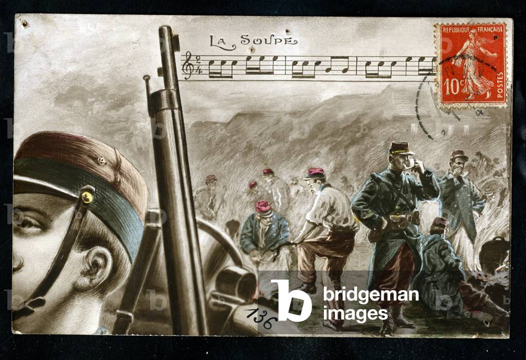 Postcard, in Colors: Soup - Patriotism, Obliteration - Soldiers