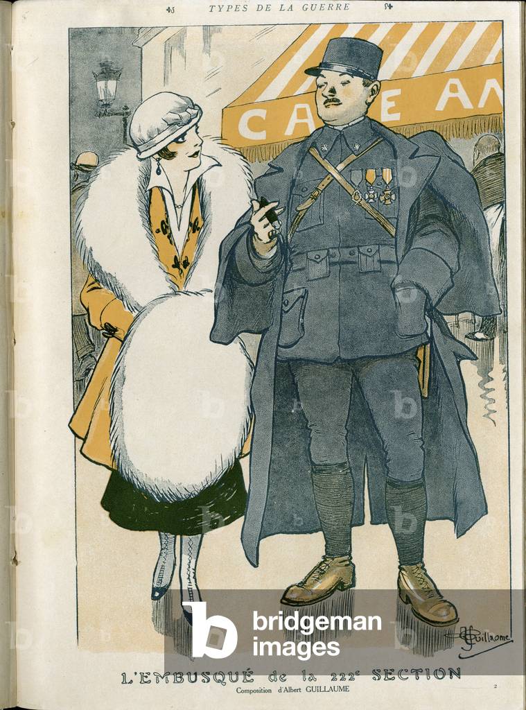 Illustration of Albert Guillaume (1873-1942) in “” Fantasio””, 01/04/15 - The ambush of the 222nd section - War of 14 -18, Fashion, Smoking, Uniforms, Ambushes, Cigars - Women, Soldiers, Civilians