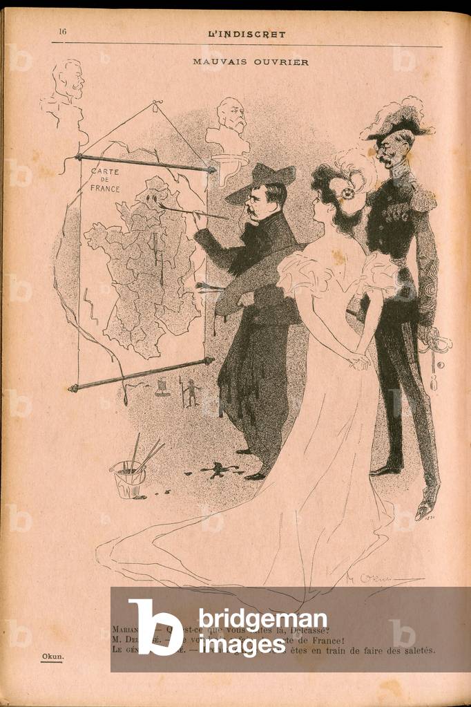 L'Indiscret, Satirique en N & B, 1903_6_10: Marianne, Delcasse Theophile (1852-1923), Andre Louis (1891-1978) Illustration by Okun