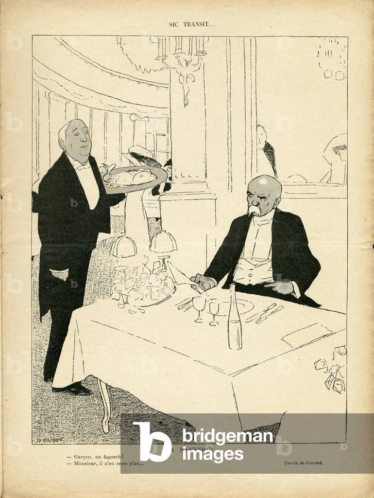 Illustration of Henri Gousse (1872-1914) in Le Rire, 28/08/09 - Sic Transit - England Great Britain, Restaurant Cafes, Internal architecture, Marienbad - Clemenceau George, Edward VII (1841-1910), Garcon de cafe