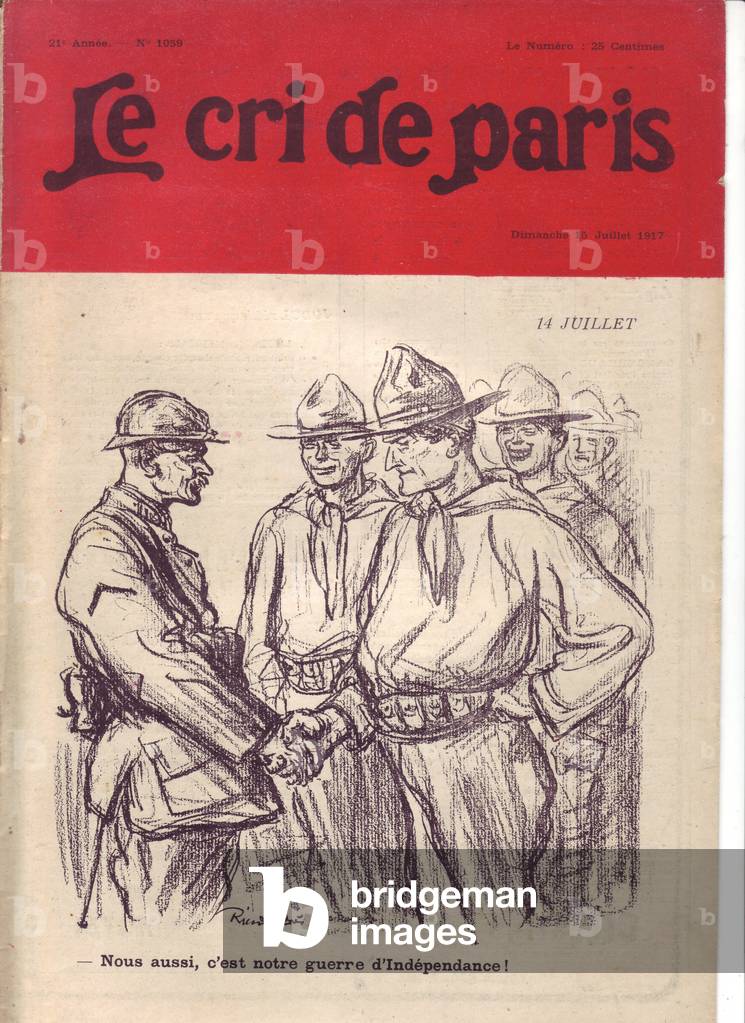 Illustration of Ricardo Flores (1878-1918) for the Cover of Le Cri de Paris, 15/07/17 - 14-July “” We too is our war of independence.”” - War of 14 -18, America USA USA, 14 July, War of Independence - Soldiers