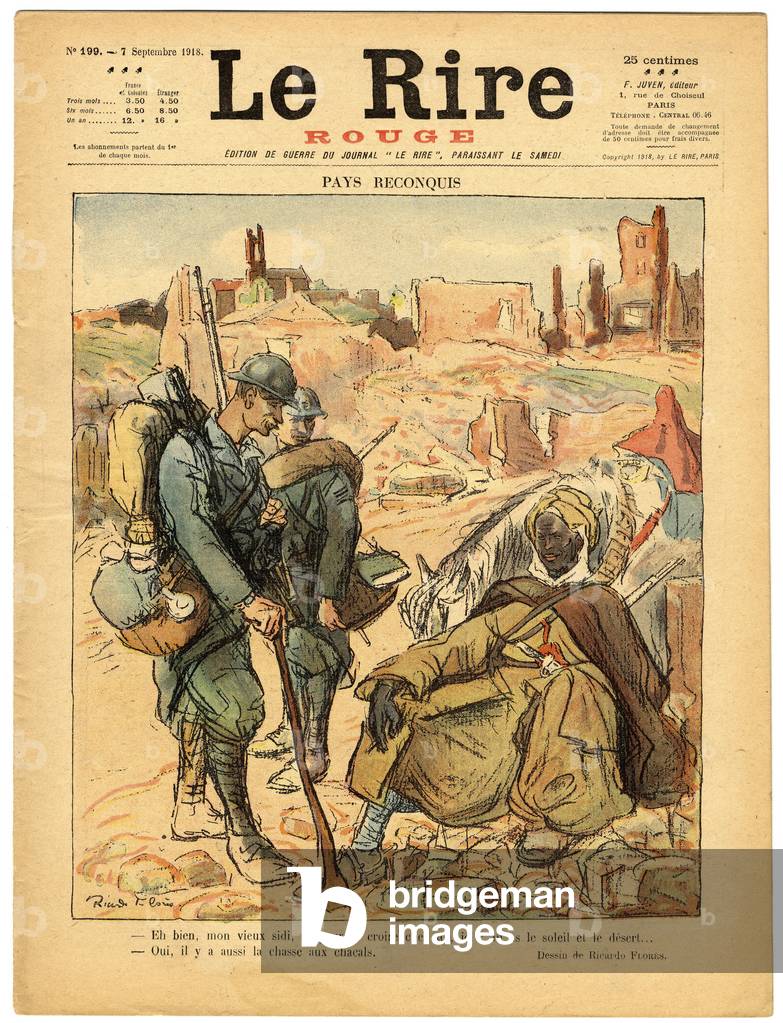 Cover of “” The Red Laughter””, Satirical in Colors, 1918_9_7: Colonization, War of 14 -18, Algeria, Soldier's Life, Destruction Buildings, Maghreb - Illustration by Ricardo Flores (1878-1918)