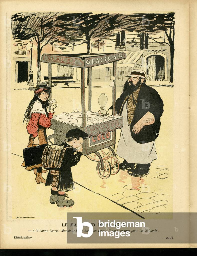 L'Assiette au Beurre, number 226, Satirique en couleurs, 1905_7_29: Metiers, Ice cream - Camelot vendant ambulant (lithograph)