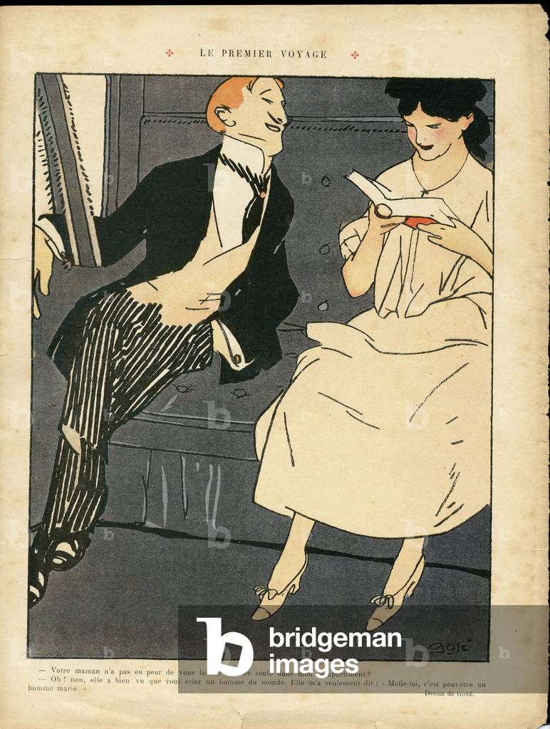 Illustration de Xavier Gose (1876-1915) dans Le Rire, 27/08/10 - Le premier voyage - Train Chemin de fer ferro