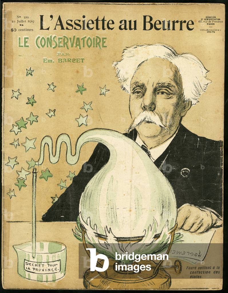 Cover of 'L'Assiette au Beurre', number 329, Satirique en Couleurs, 1907_7_20: Le conservatoire - Gabriel Faure (1845-1924)