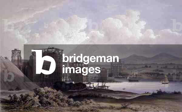 Britannia Tubular Bridge over the Menai Straits, taken during construction in 1848, lithograph by Day and Son, 1848 (colour litho)