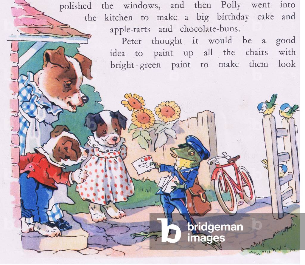 Postman frog delivers a letter to Peter Puppy and Poly Puppy (colour litho)