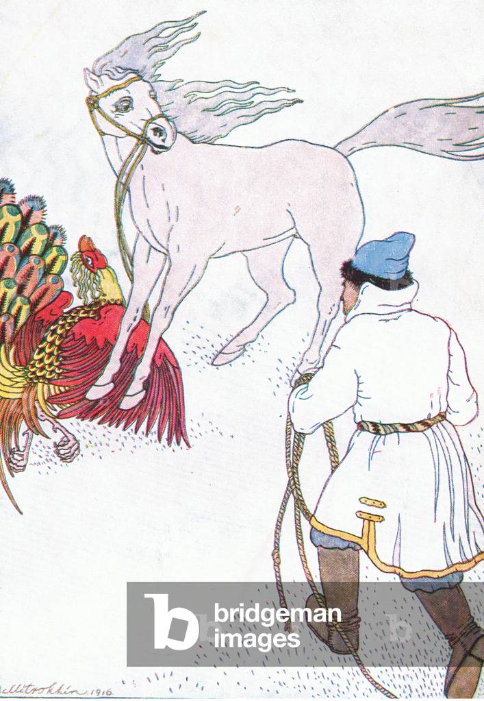 He stepped on one of the fiery wings and pressed to the ground (from the story The Fire Bird), illustration from A Staircase of Stories published by Thomas Nelson & Sons Ltd 1940's (colour litho)