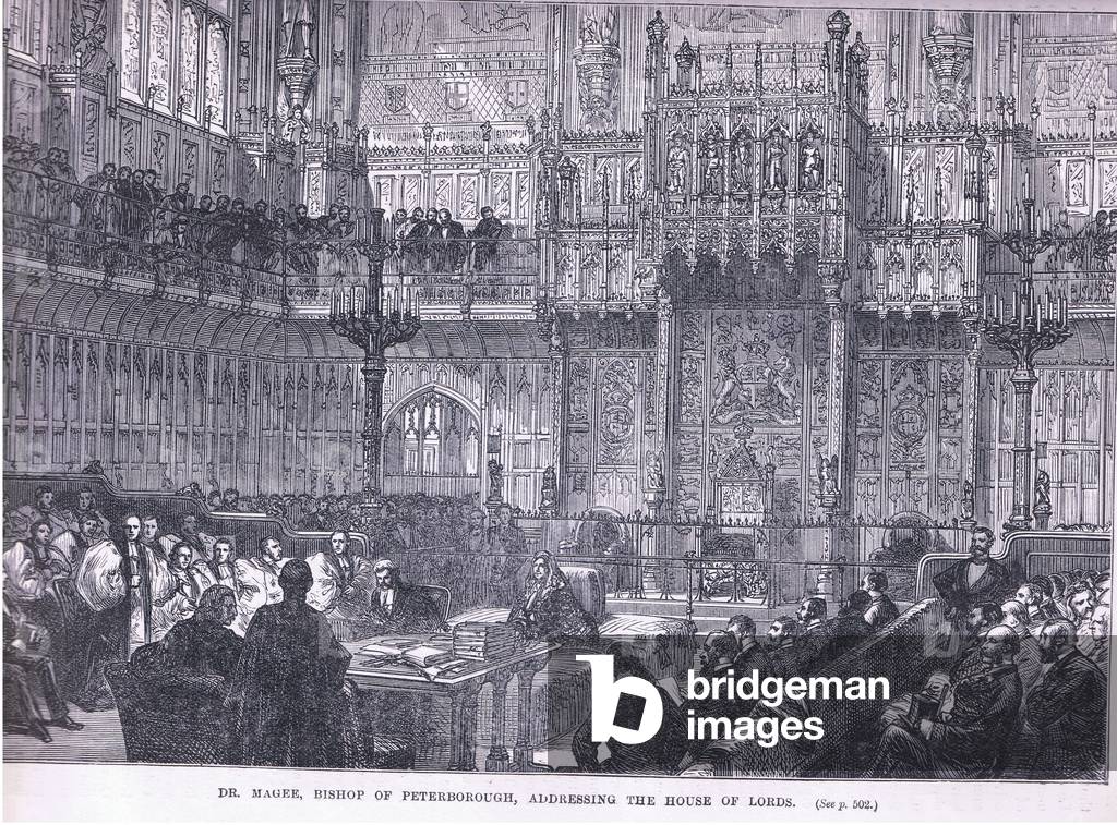 Dr Magee, Bishop of Peterborough addressing the House of Lords 1869 AD (litho)
