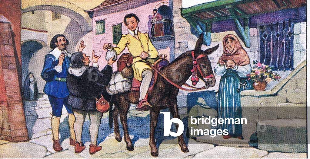 Gill Blas of Santillane: Leaving Oviedo, from colour Liebig postcards, 1940's (colour litho)