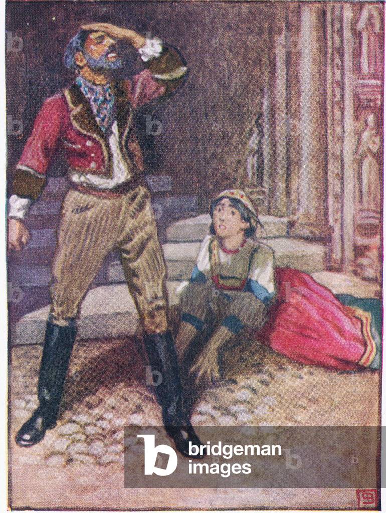 Santuzza tells Alfio of his wife's falseness, illustration from Favourite Operas published by Thomas Nelson and Sons Ltd, c.1930 (colour litho)