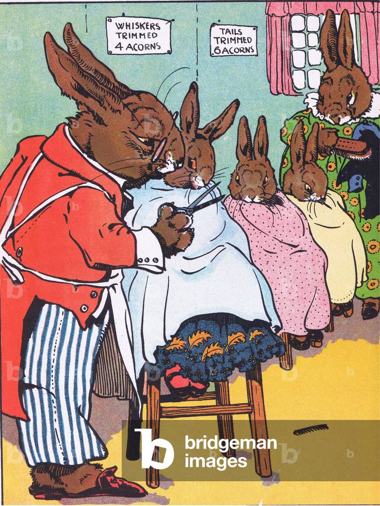 The bunnies barber, from Jolly Days in the Country published by Blackie & Son Ltd, 1949 (colour litho)