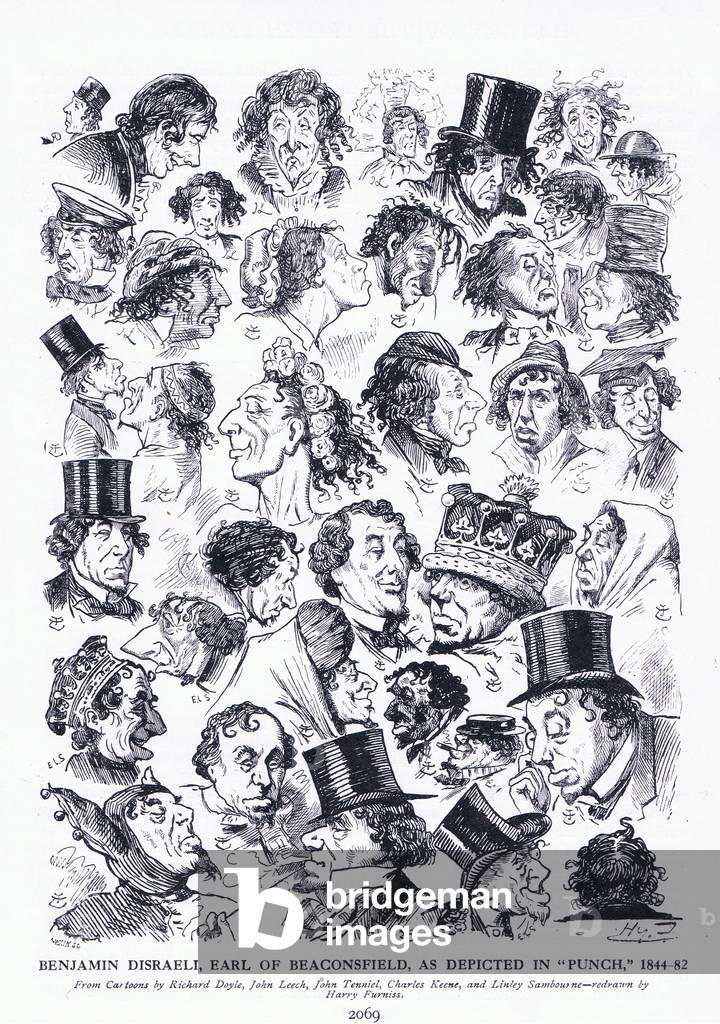 Benjamin Disraeli, Earl of Beaconsfield as depicted in Punch, from Cassells History of the British People published by the Waverley Book Company Limited, c.1940 (litho)